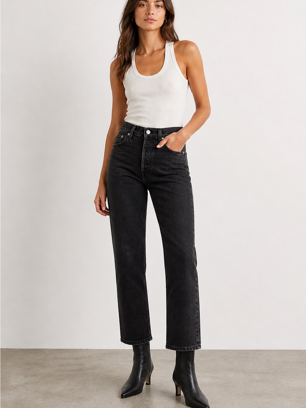 AGOLDE Riley High Rise Straight Crop Jeans Black Size 27 Button Fly Denim